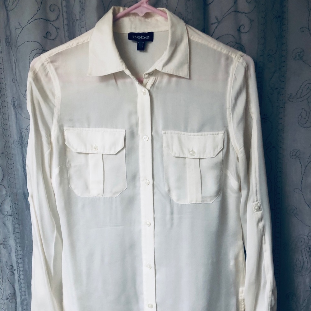 Bebe silk long sleeved button down shirt